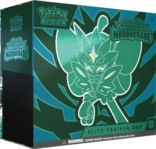 Pokémon TCG: Twilight Masquerade Elite Trainer Box met promokaart van Teal Mask Ogerpon, 9 booster packs, kaartsleeves, en meer.