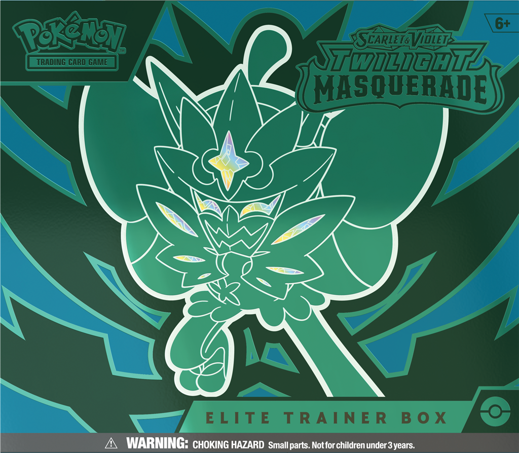 Pokémon TCG: Twilight Masquerade Elite Trainer Box met promokaart van Teal Mask Ogerpon, 9 booster packs, kaartsleeves, en meer.