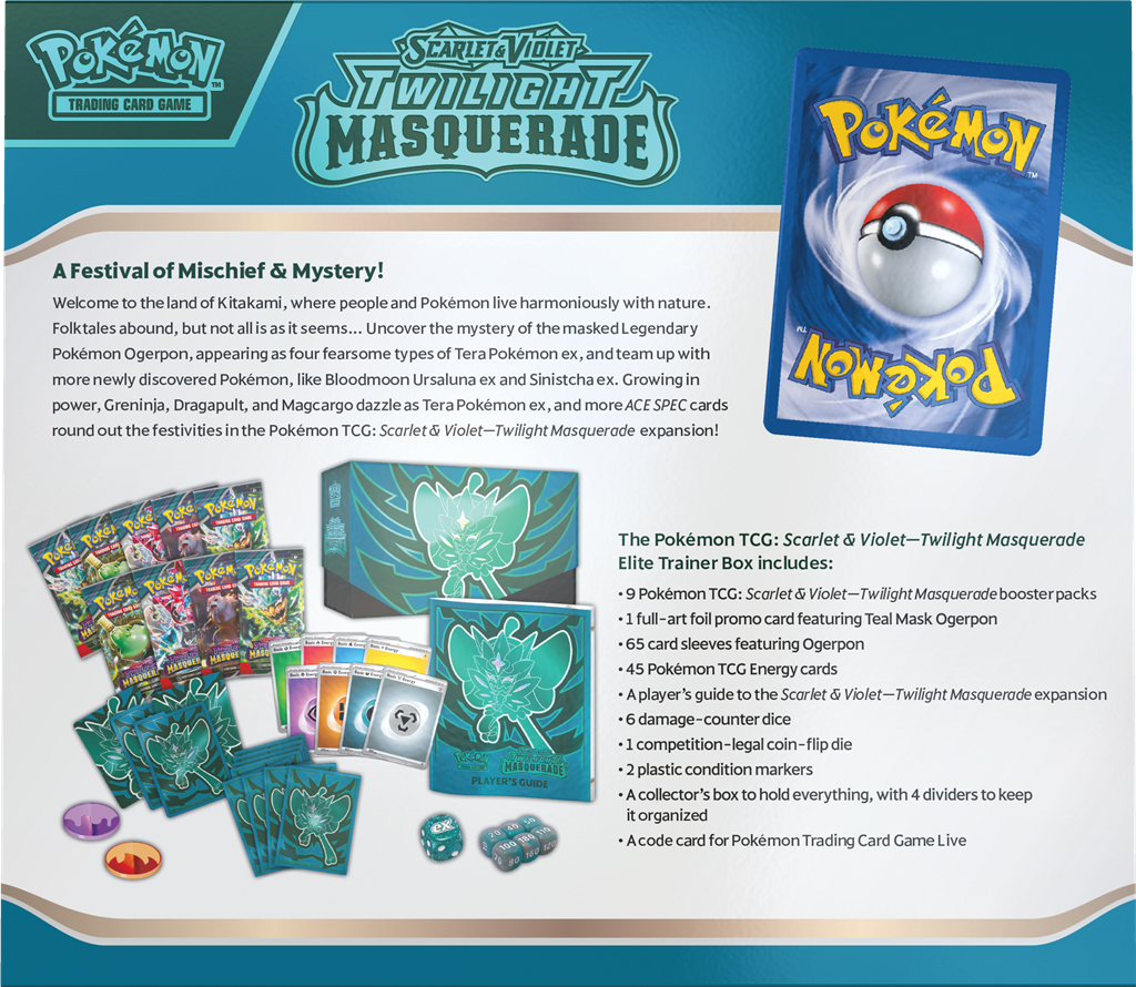 Pokémon TCG: Twilight Masquerade Elite Trainer Box met promokaart van Teal Mask Ogerpon, 9 booster packs, kaartsleeves, en meer.