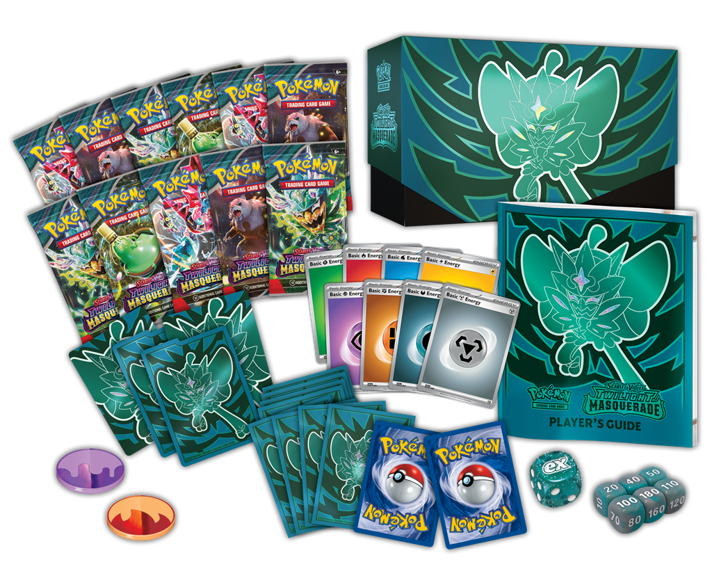 Pokémon TCG: Twilight Masquerade Elite Trainer Box met promokaart van Teal Mask Ogerpon, 9 booster packs, kaartsleeves, en meer.