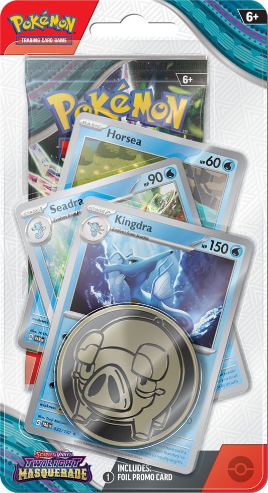 Pokémon TCG Twilight Masquerade Premium Checklane met Horsea, Seadra, Kingdra promo kaarten en Pokémon-munt.