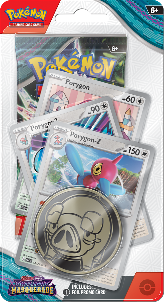 Pokémon TCG Twilight Masquerade Premium Checklane met Horsea, Seadra, Kingdra promo kaarten en Pokémon-munt.