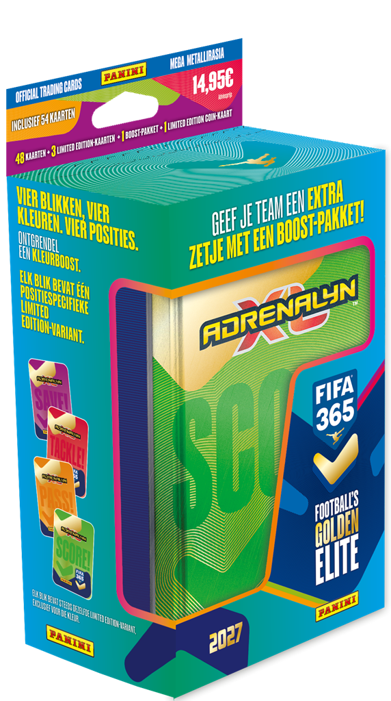 Adrenalyn XL FIFA365 26/27 Mega Tin metalen opbergblik met voetbaltrading cards - vooraanzicht