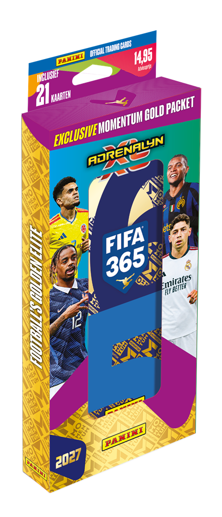Panini Adrenalyn XL FIFA365 26/27 Pencil Tin gevuld met voetbaltrading cards en een Momentum Gold packet - vooraanzicht