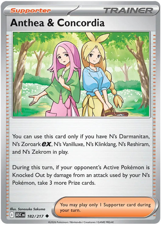 Anthea & Concordia 182 Ascended Heroes Trainer Supporter Pokémon kaart met gedetailleerd artwork getekend door Sanosuke Sakuma