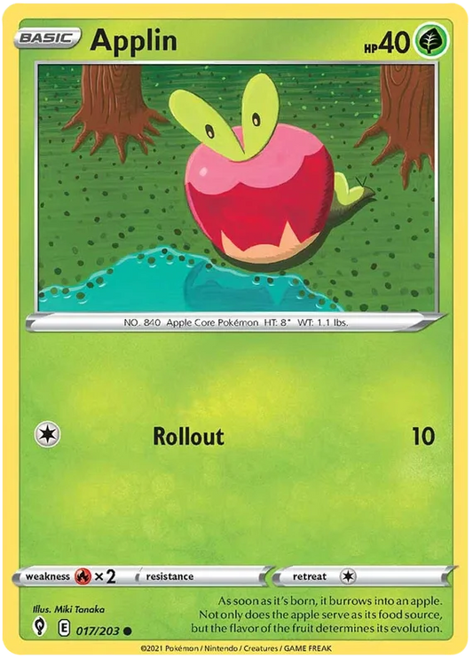 Applin Pokémon kaart uit Evolving Skies, common gras Pokémon voor verzamelaars van losse Pokémon kaarten