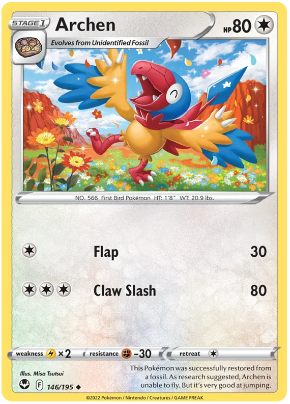 Archen 146 Silver Tempest Pokémon kaart met illustratie van Misa Tsutsui