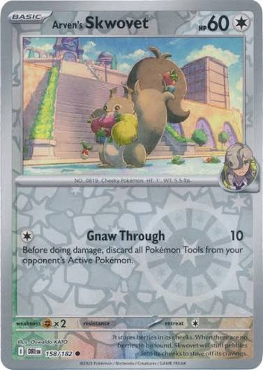 Arven's Skwovet reverse holo pokemon kaart nummer 158 uit de Destined Rivals set