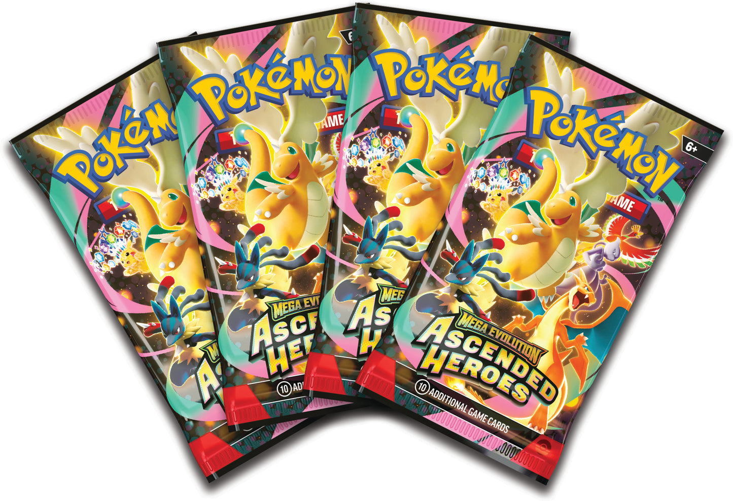 ier Pokémon TCG Ascended Heroes booster packs gepresenteerd in een waaier op een witte achtergrond.