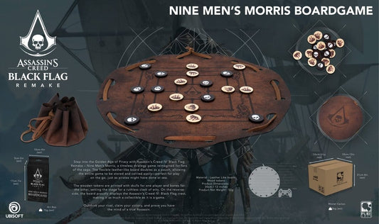 Compleet overzicht van het Assassin's Creed Nine Men's Morris bordspel van PureArts met het leatherlook speelbord en de speelstukken.