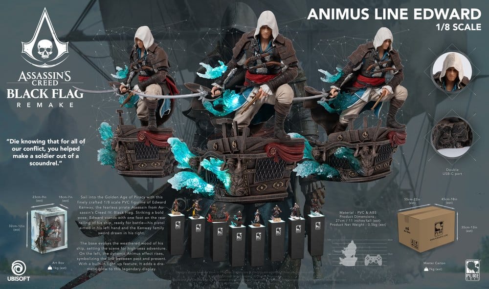 Complete voorkant van de 1/8 schaal Edward Kenway Animus Statue van PureArts met het verlichte LED Animus-effect en de Jackdaw-base.