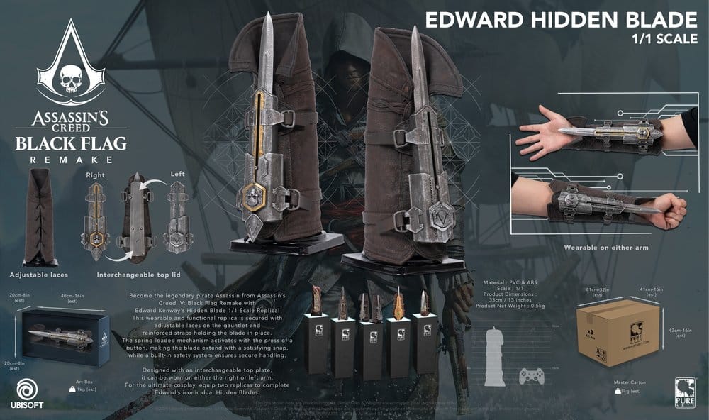 Gedetailleerd overzicht van de draagbare 1/1 schaal Edward Kenway Hidden Blade replica met productspecificaties en het uitschuifbare mes.