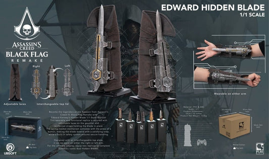 Gedetailleerd overzicht van de draagbare 1/1 schaal Edward Kenway Hidden Blade replica met productspecificaties en het uitschuifbare mes.