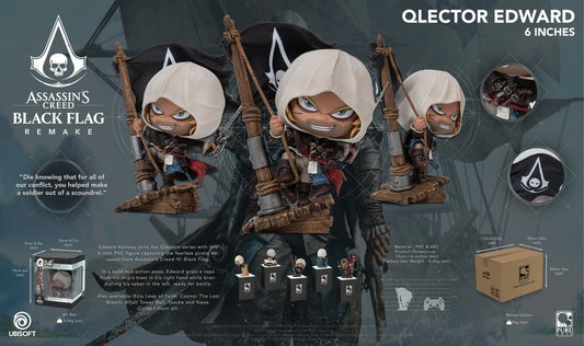 Voorkant van de 6-inch Edward Kenway Qlector Figure van PureArts in actiehouding met sabel en scheepstouw.