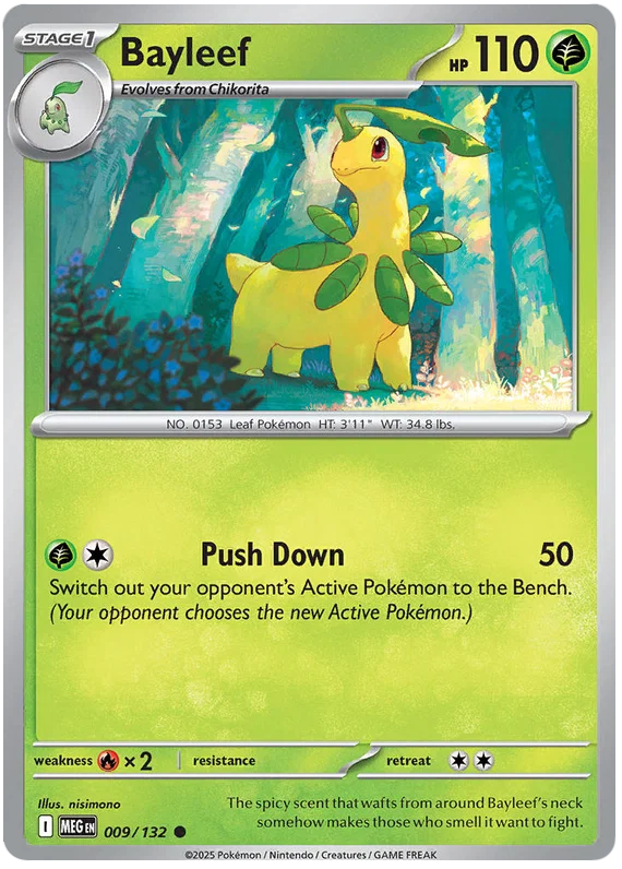 Bayleef common kaart nummer 009 uit de Pokémon Mega Evolution set