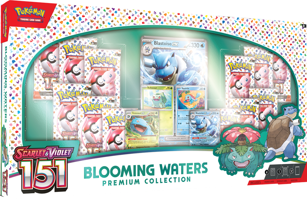 Blooming Waters Premium Collection met Venusaur ex, Blastoise ex en originele Pokémon uit Pokémon 151.