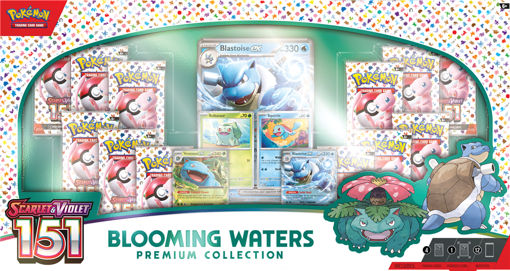 Blooming Waters Premium Collection met Venusaur ex, Blastoise ex en originele Pokémon uit Pokémon 151.