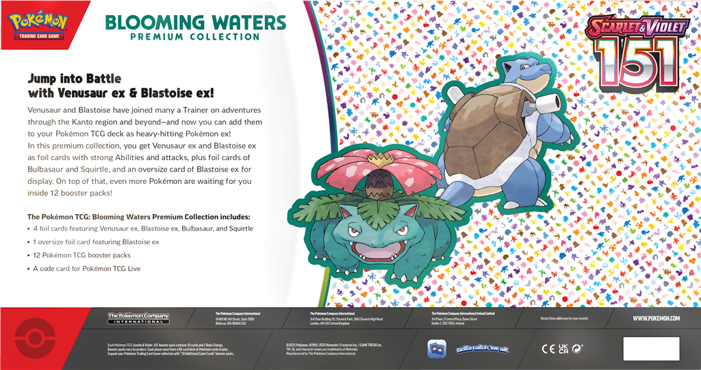 Blooming Waters Premium Collection met Venusaur ex, Blastoise ex en originele Pokémon uit Pokémon 151.