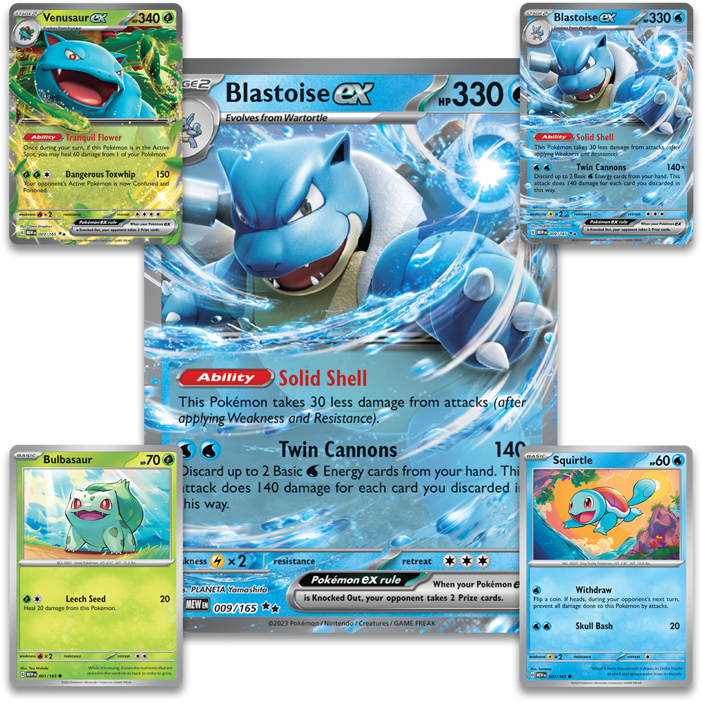 Blooming Waters Premium Collection met Venusaur ex, Blastoise ex en originele Pokémon uit Pokémon 151.