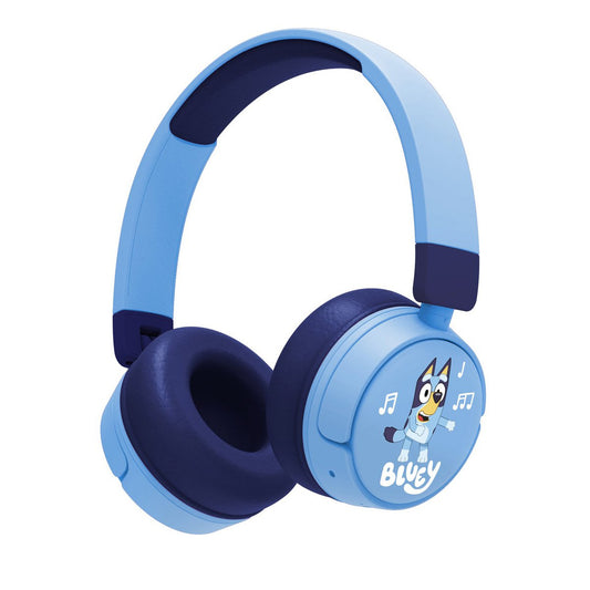 Blauwe Bluey Bluetooth koptelefoon met zachte oorkussens en ingebouwde volumebegrenzing voor kinderen