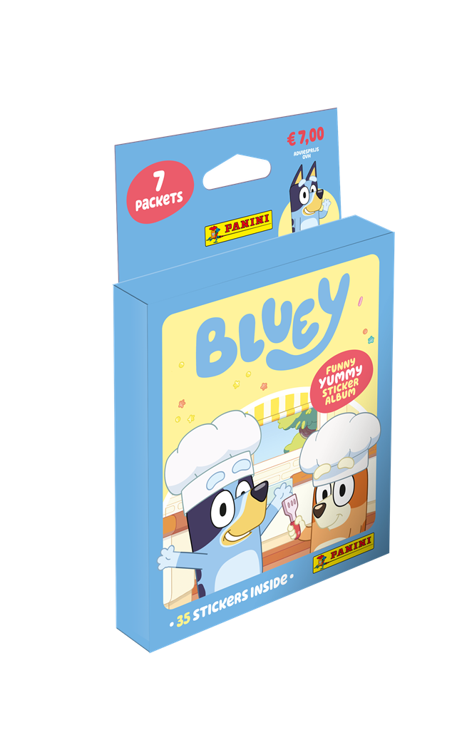 Vooraanzicht van de kartonnen Bluey Funny Yummy Sticker 3 Eco-blister met 7 booster packs.