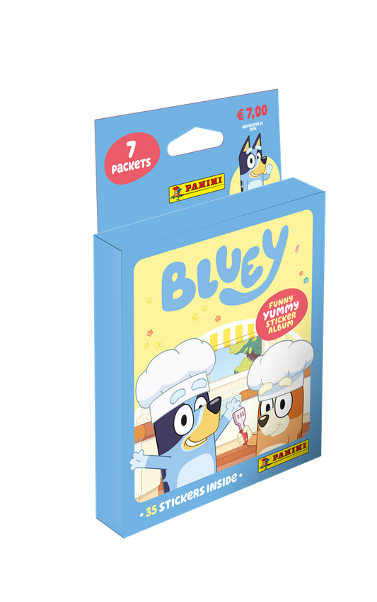 Vooraanzicht van de kartonnen Bluey Funny Yummy Sticker 3 Eco-blister met 7 booster packs.