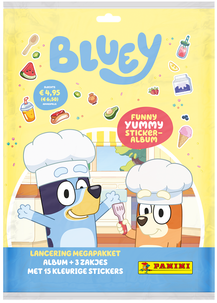 Het complete Bluey Funny Yummy Sticker 3 Starter Pack inclusief album en stickerpakjes.