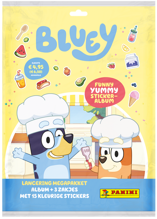 Het complete Bluey Funny Yummy Sticker 3 Starter Pack inclusief album en stickerpakjes.