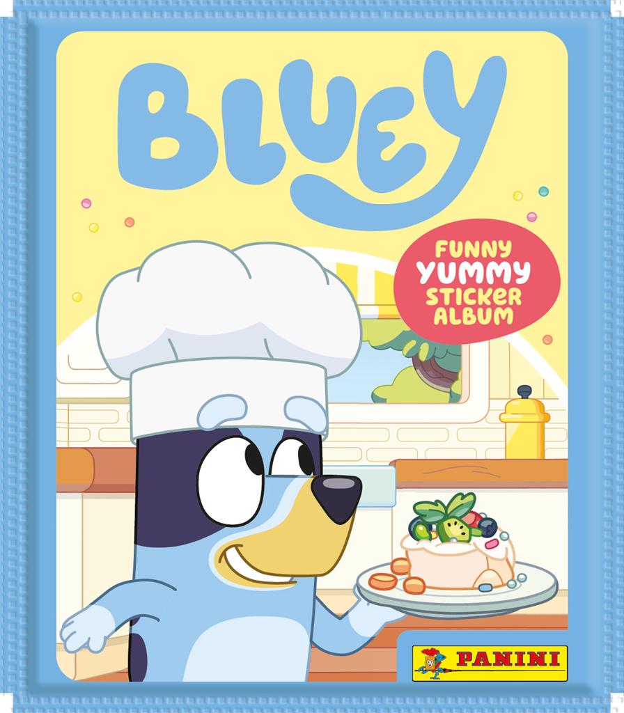 Stickerzakje uit de Bluey Funny Yummy collectie met Bluey en een grote kleurrijke fruittaart.