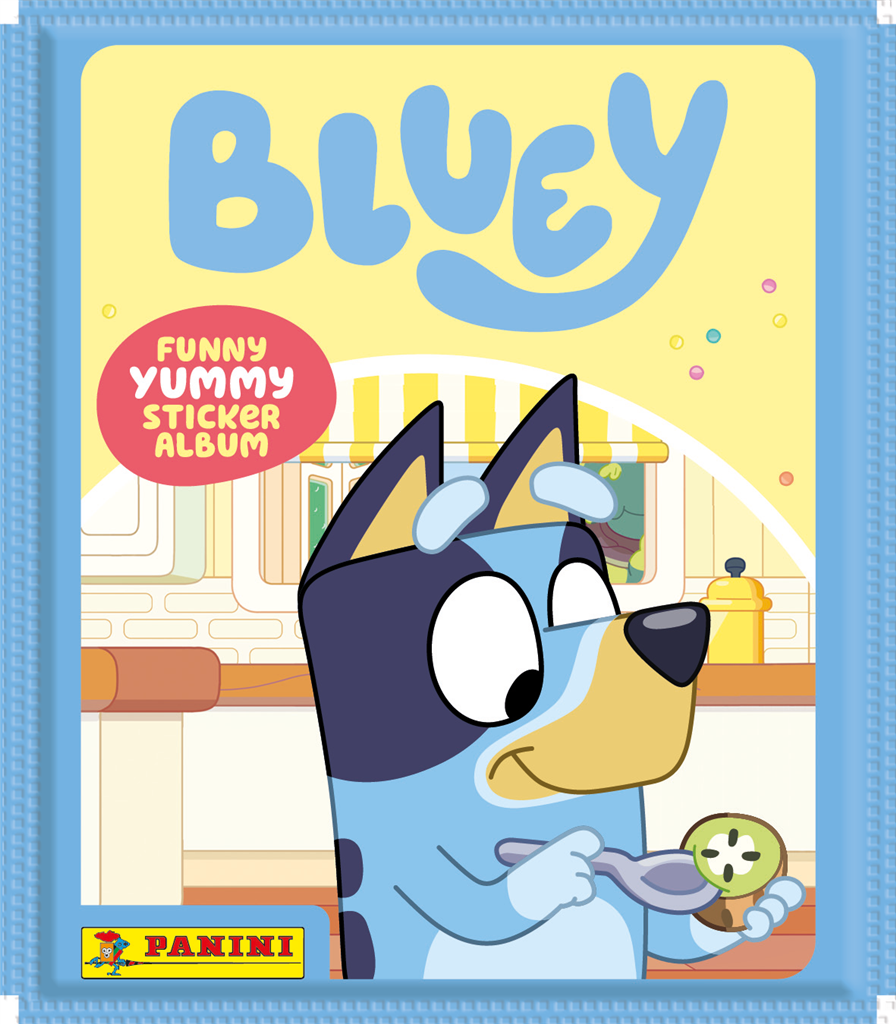Bluey Funny Yummy stickerzakje met een afbeelding van Bluey die een gezonde kiwi vasthoudt.