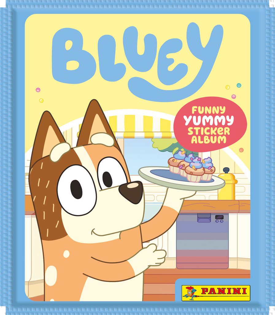 Sticker booster pack van Bluey Funny Yummy deel 3 met moeder Chilli en een schaal versierde cupcakes.