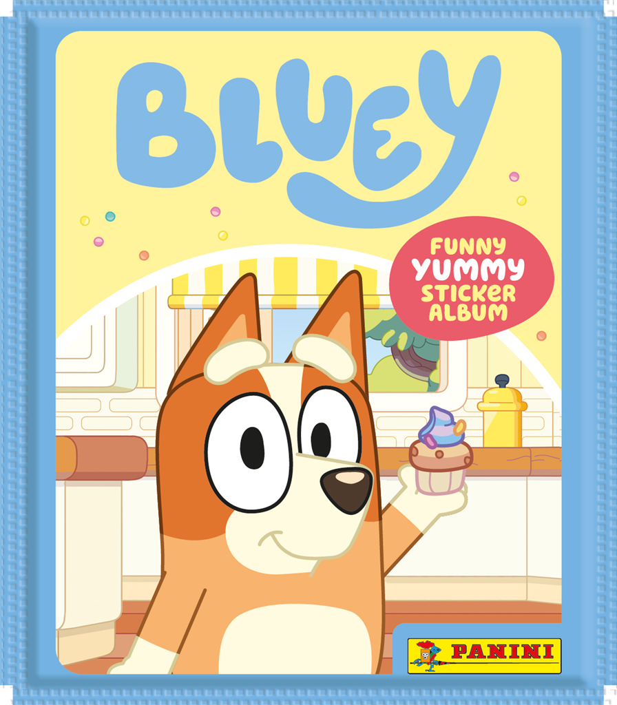 Bluey Funny Yummy stickerzakje met de afbeelding van Bingo die geniet van eten.