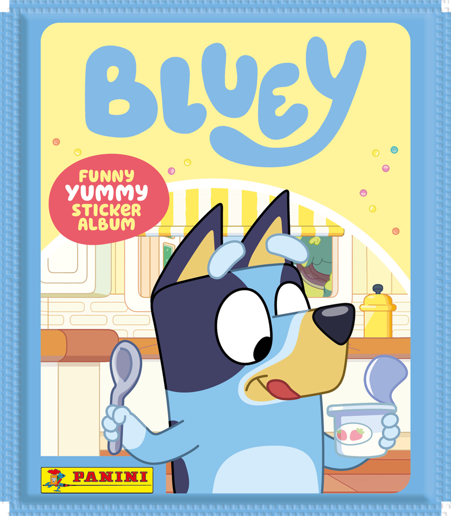Bluey Funny Yummy stickerzakje met de afbeelding van Bluey tegen een vrolijke achtergrond.