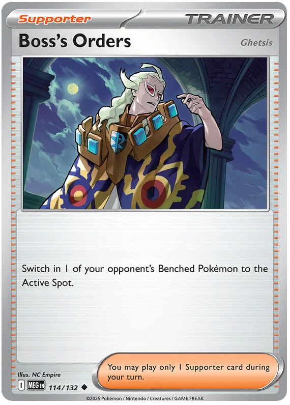 Boss's Orders common Pokémon kaart uit de Mega Evolution set, kaartnummer 114