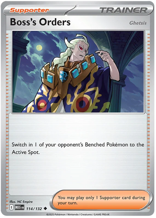 Boss's Orders common Pokémon kaart uit de Mega Evolution set, kaartnummer 114