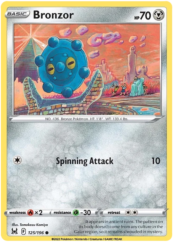 Bronzor 125/196 Common Pokémon kaart uit de Sword and Shield Lost Origin uitbreiding met artwork van Tomokazu Komiya