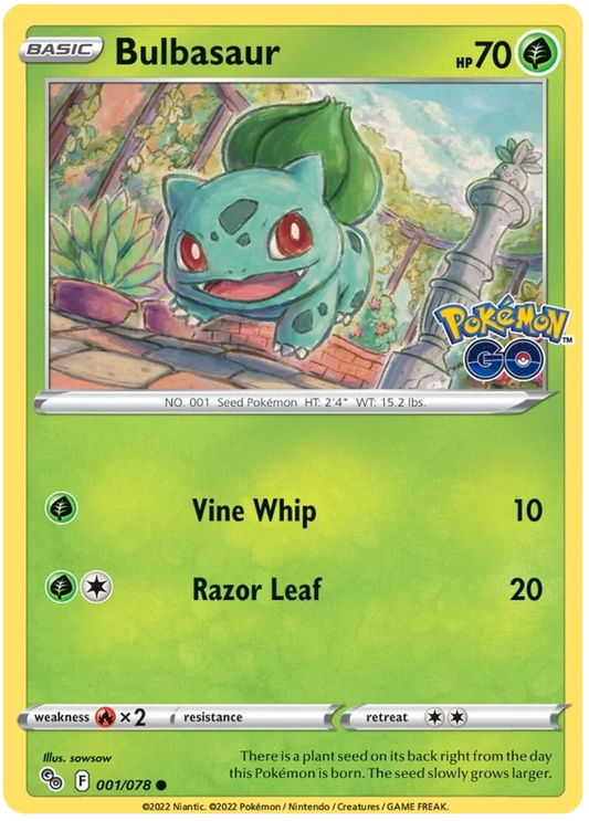 Bulbasaur common Pokemon Go kaart nummer 001/078 met Vine Whip en Razor Leaf