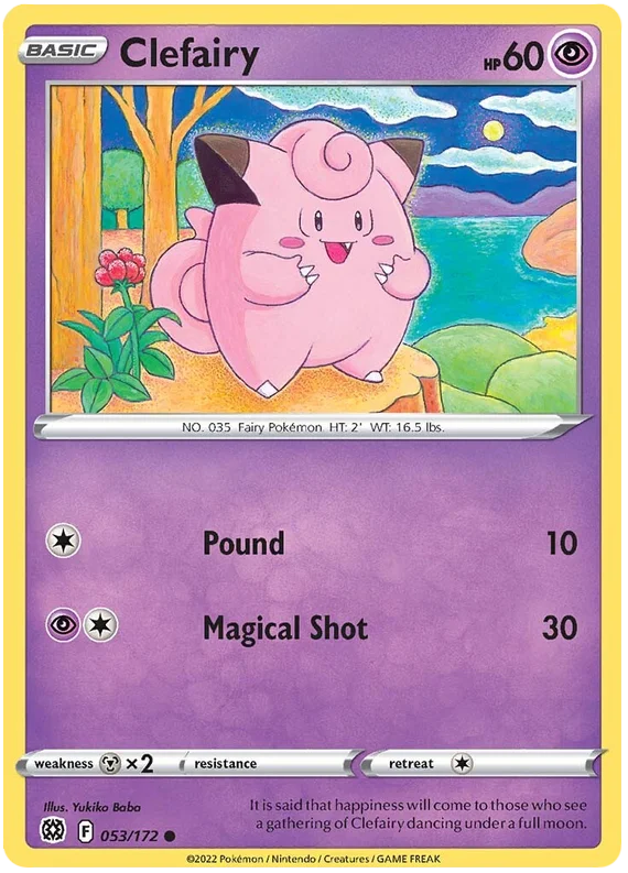 Clefairy 053/172 Common Pokémon kaart uit de Sword and Shield Brilliant Stars set met illustratie van Yukiko Baba