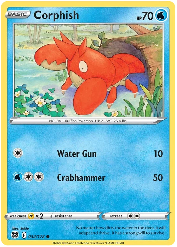 Corphish 032/172 Common Pokémon kaart uit Brilliant Stars met illustratie van Sekio