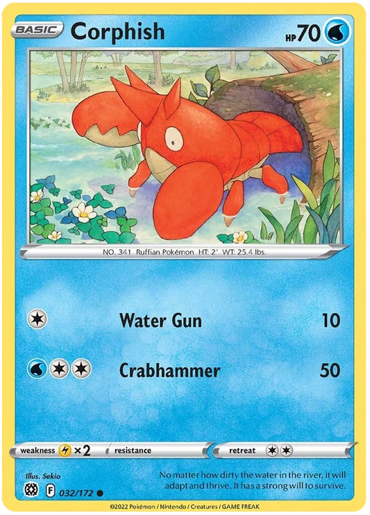 Corphish Pokémon kaart uit de Brilliant Stars set, common water-type met 70 HP en de aanval Crabhammer