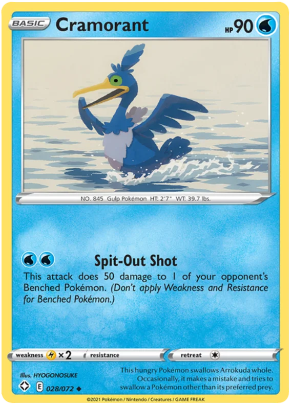 Cramorant 028/072 uncommon Pokémon kaart uit de Shining Fates set met illustratie van HYOGONOSUKE