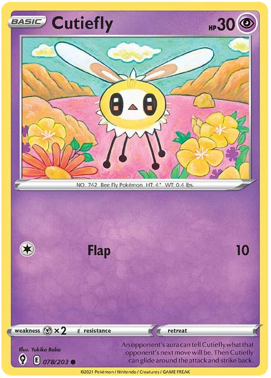 Cutiefly #078 common Psychic Pokémon kaart uit Evolving Skies voor je Pokémon verzameling