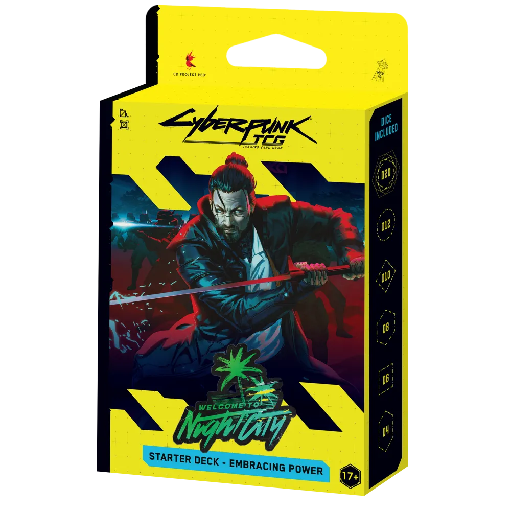 Vooraanzicht van de officiële verpakking van het Cyberpunk TCG Embracing Power Starter Deck van de Arasaka factie.