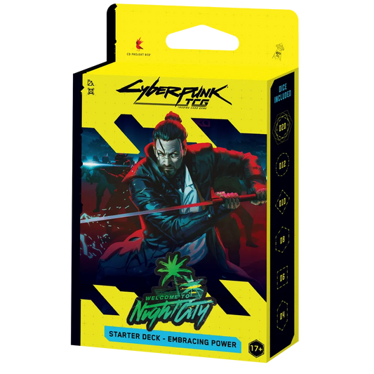 Vooraanzicht van de officiële verpakking van het Cyberpunk TCG Embracing Power Starter Deck van de Arasaka factie.