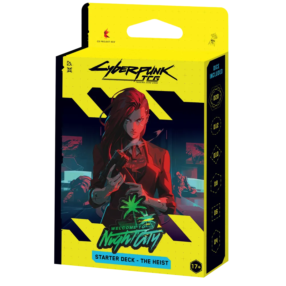 Vooraanzicht van de officiële verpakking van het Cyberpunk TCG Welcome to Night City Starter Deck – The Heist.