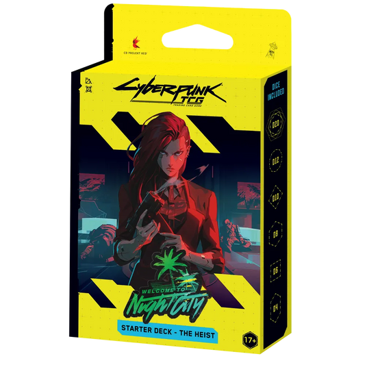 Vooraanzicht van de officiële verpakking van het Cyberpunk TCG Welcome to Night City Starter Deck – The Heist.