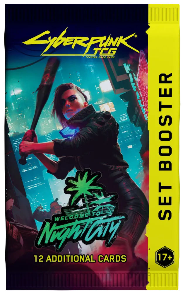 Vooraanzicht van een los officieel Cyberpunk Trading Card Game Welcome to Night City boosterpack.
