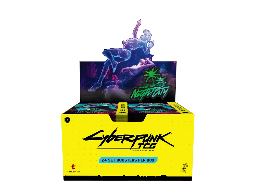 Vooraanzicht van de geopende Cyberpunk TCG Welcome to Night City Boosterbox Display met 24 boosterpacks.