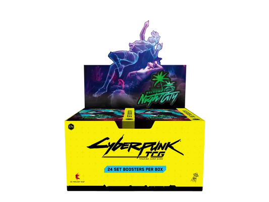 Vooraanzicht van de geopende Cyberpunk TCG Welcome to Night City Boosterbox Display met 24 boosterpacks.