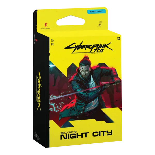 Voorkant van de verpakking van het Cyberpunk TCG Welcome to Night City Starter Deck Embracing Power pre-order product.